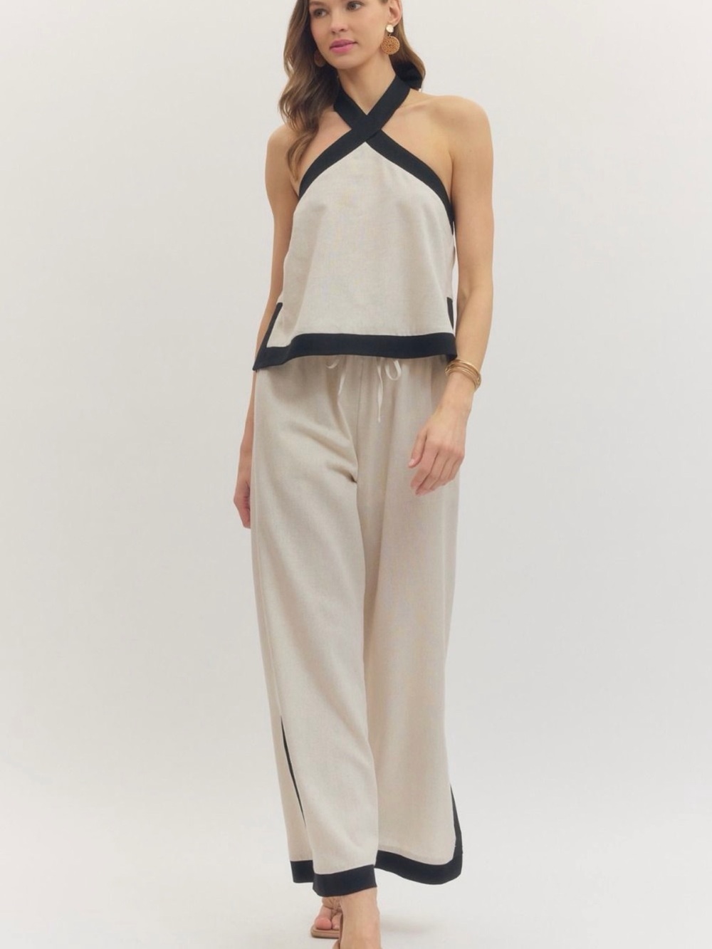 NEW Sleeveless Cross-Neck 2 Two Piece Pant Set with Black Trim - Cream - Picture 3 of 3